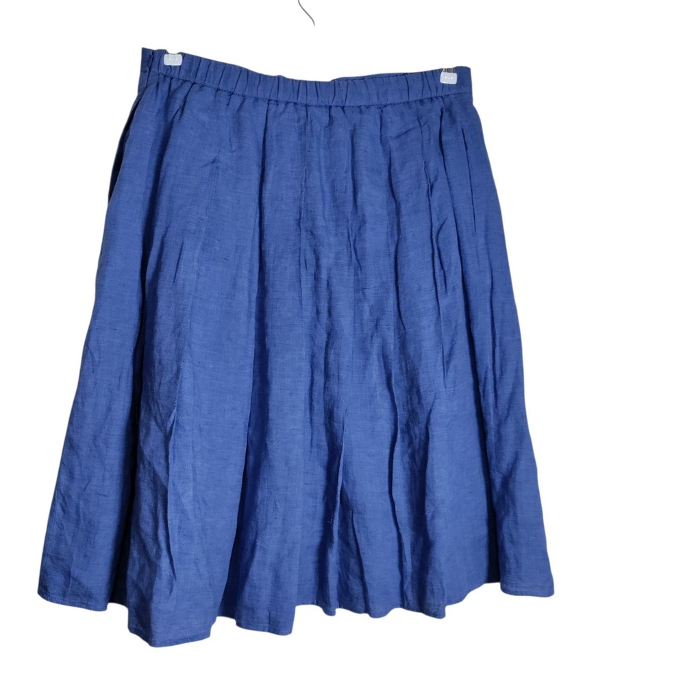 Lands End Womens Blue 100% Linen Pleated A-Line Skirt Size 14 Elastic Back